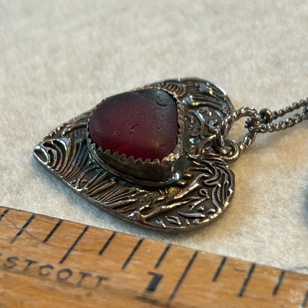 PMC Heart Pendant Red Seaglass Necklace sea beach glass - Picture 6 of 6